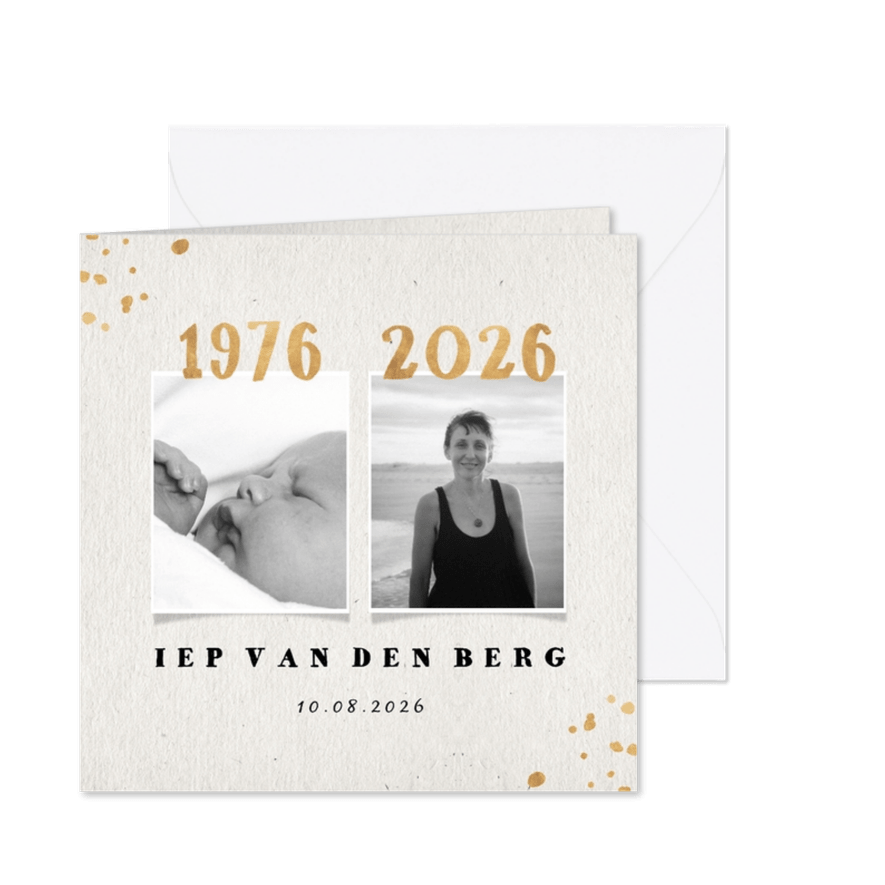 Uitnodiging 1976 met gouden spetters en foto's - Kaartimpressie