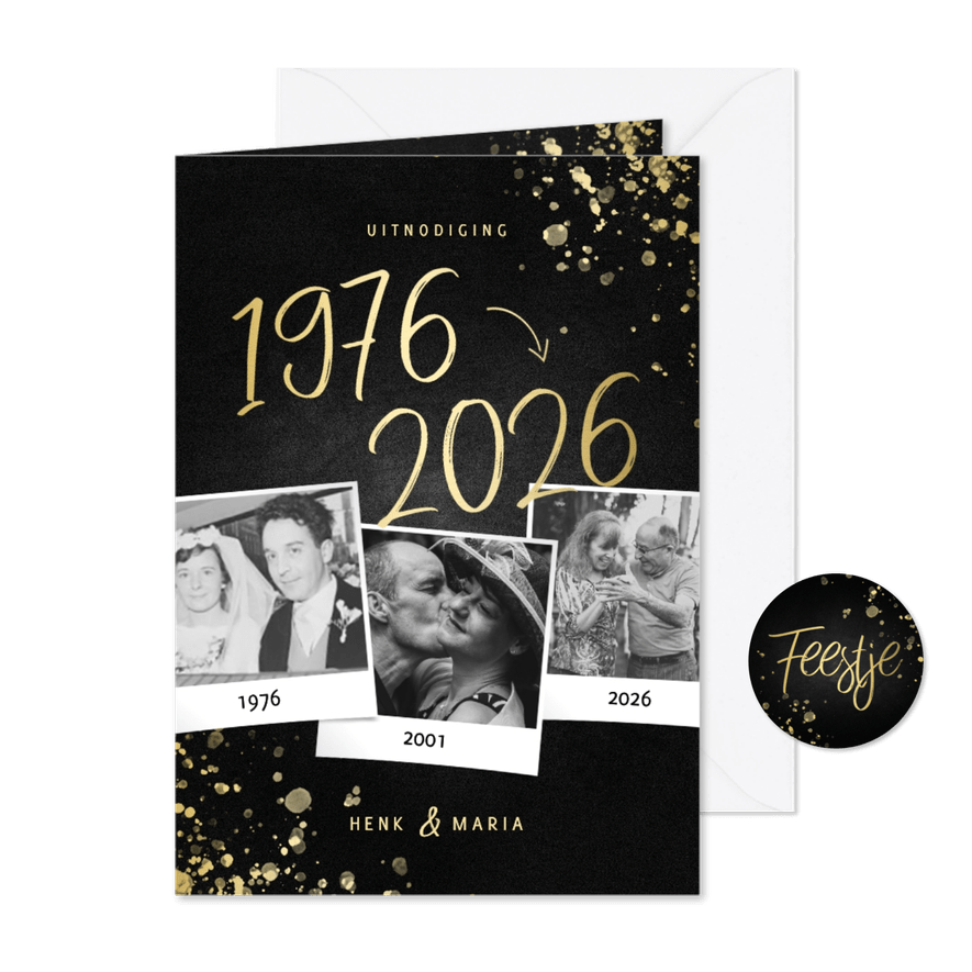 Uitnodiging 1976/2026 jubileum fotocollage met spetters - Kaartimpressie