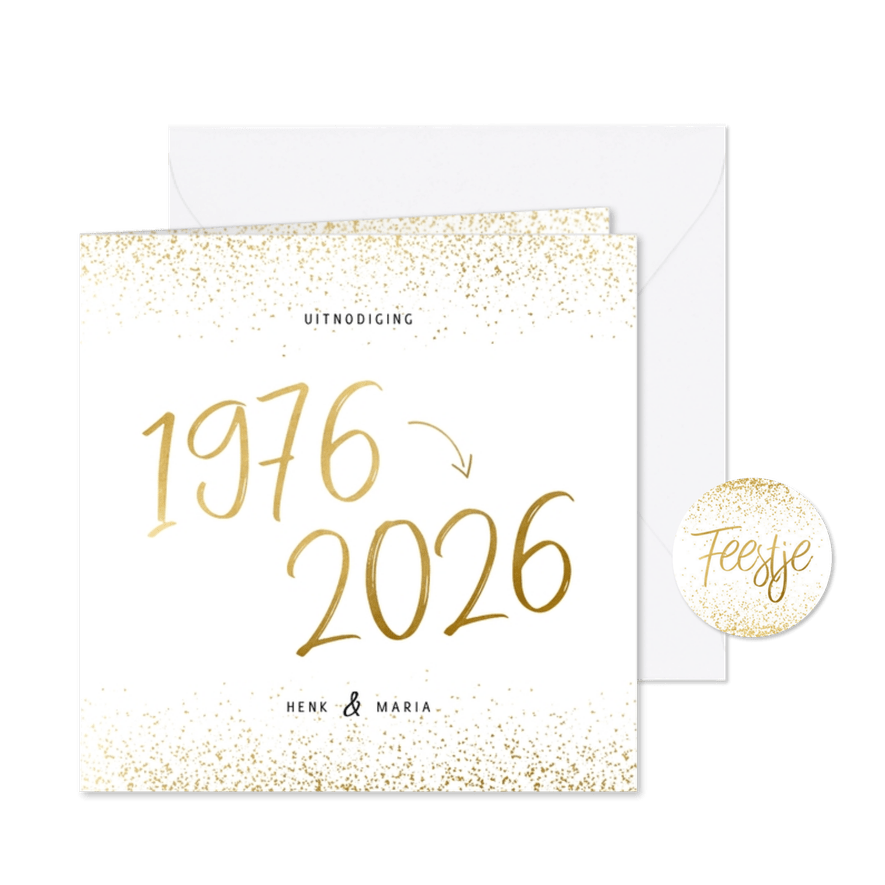 Uitnodiging 1976/2026 jubileum met confetti - Kaartimpressie