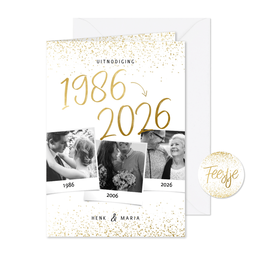 Uitnodiging 1986/2026 jubileum fotocollage met confetti - Kaartimpressie