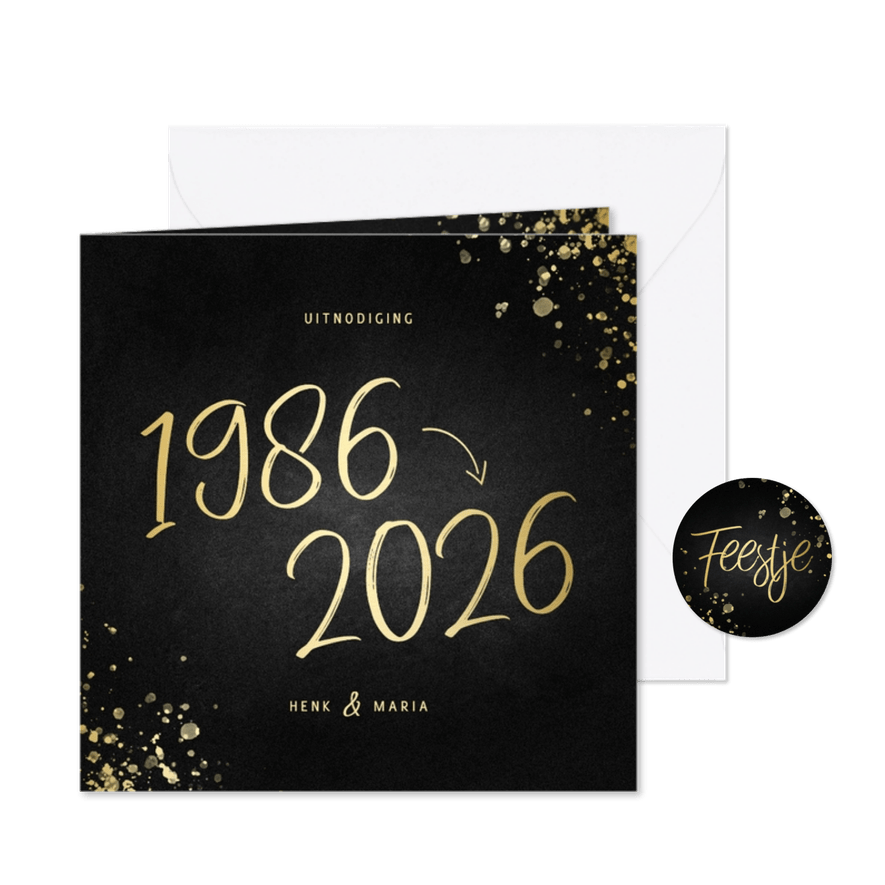 Uitnodiging 1986/2026 jubileum met spetters - Kaartimpressie