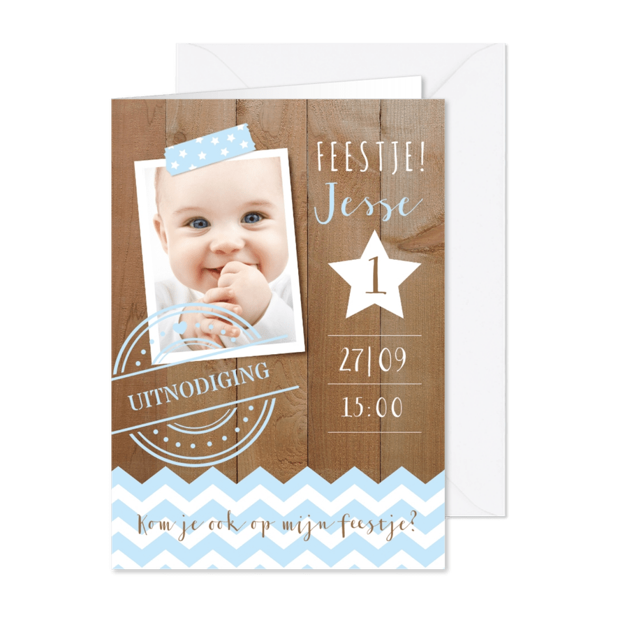 Uitnodiging 1de verjaardag foto, hout & ster - Kaartimpressie