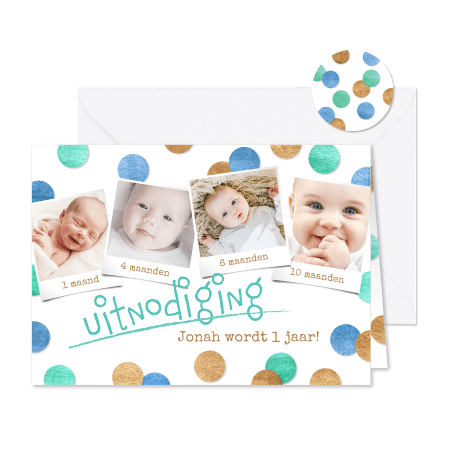 Uitnodiging 1e verjaardag confetti blauw & fotocollage - Kaartimpressie