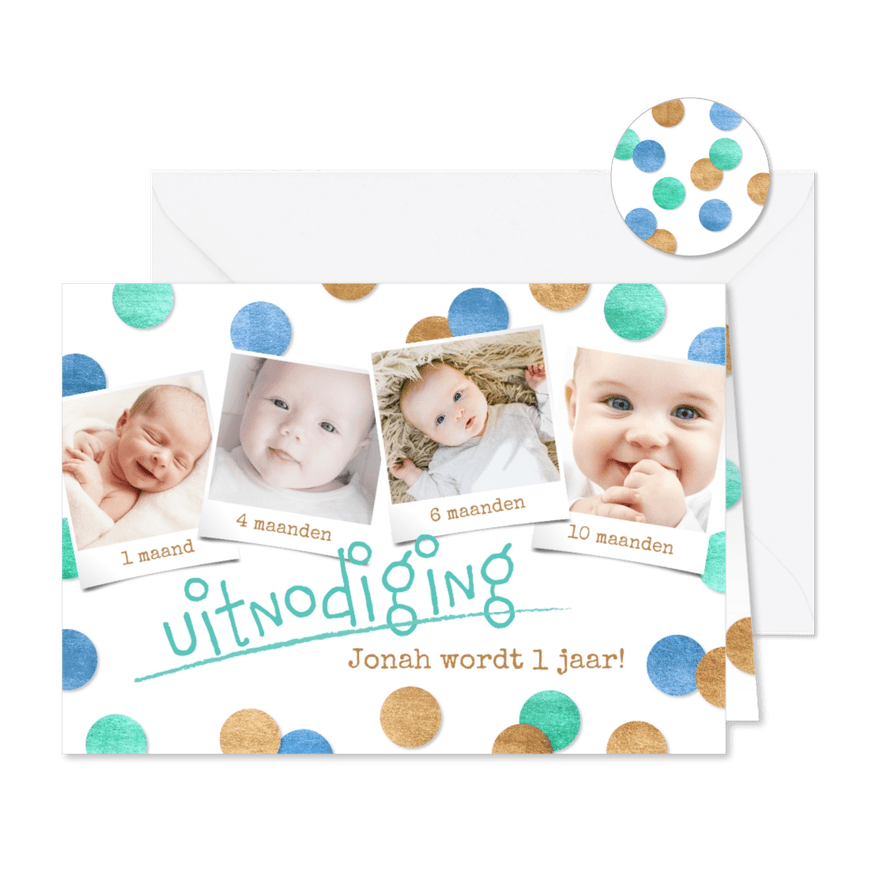 Uitnodiging 1e verjaardag confetti blauw & fotocollage - Kaartimpressie