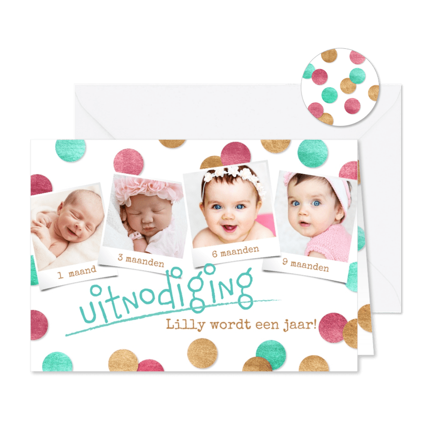 Uitnodiging 1e verjaardag confetti pink & fotocollage - Kaartimpressie