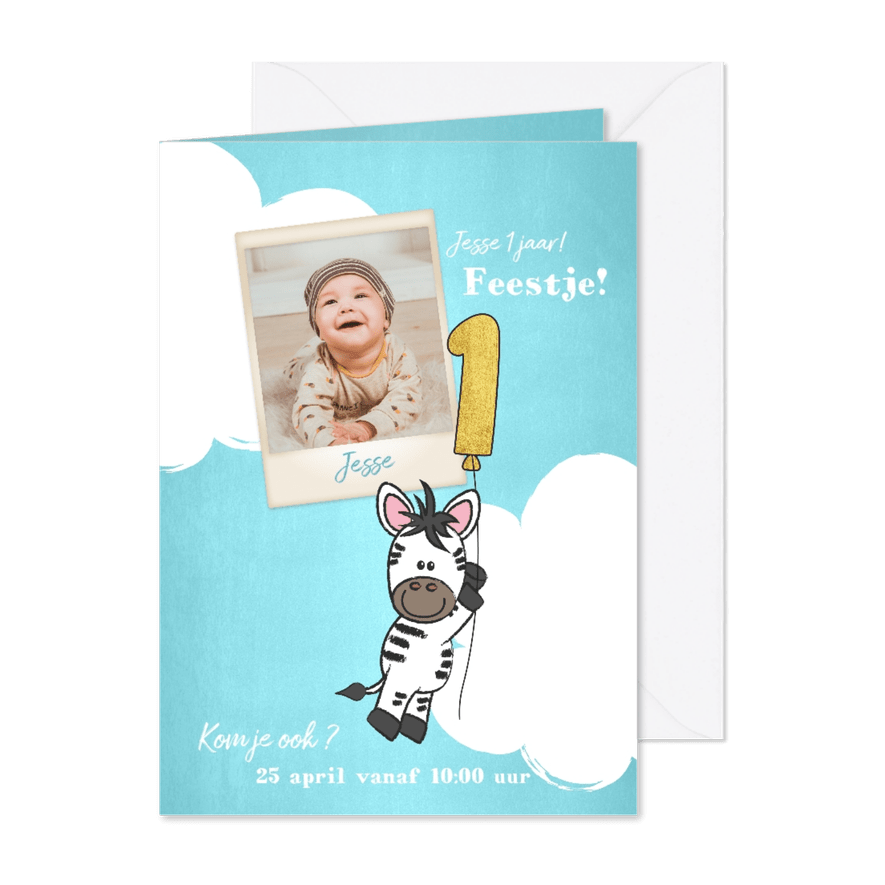 Uitnodiging 1e verjaardag lief en schattig zebra met ballon - Kaartimpressie