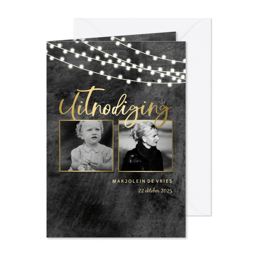 Uitnodiging 2 foto's stoer beton met lampjes en goud - Kaartimpressie