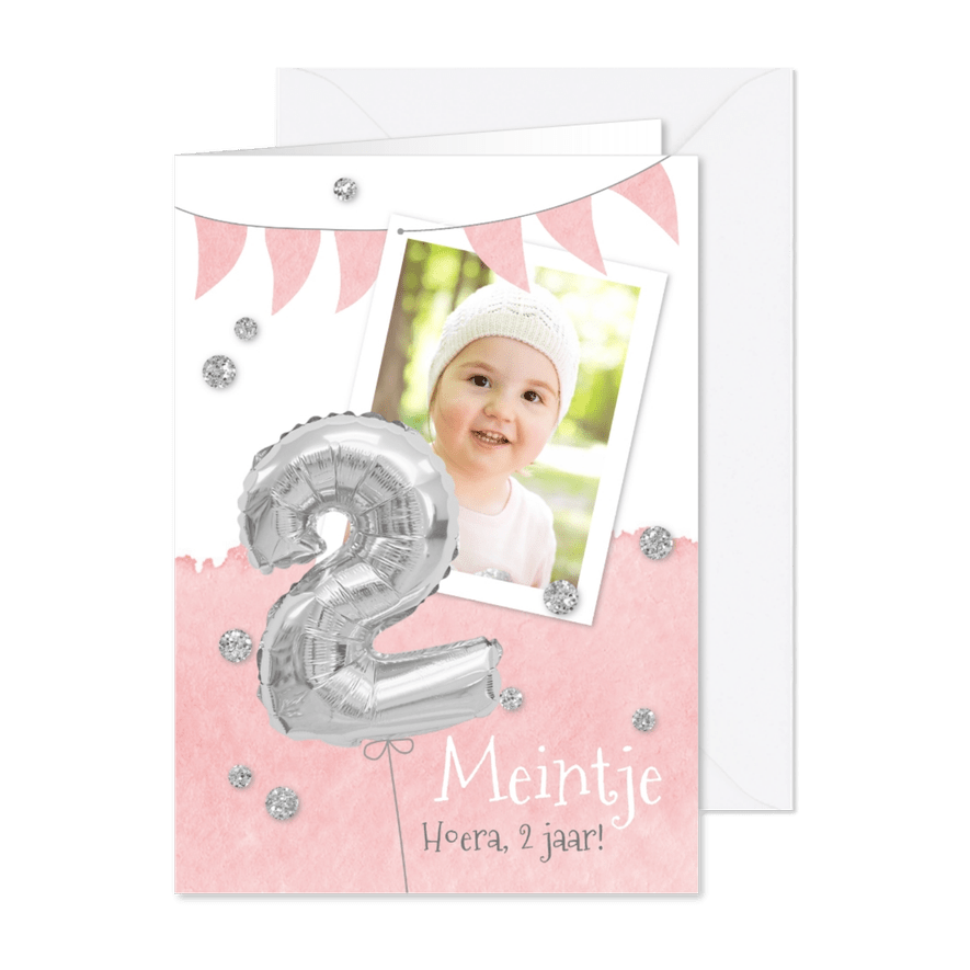 Uitnodiging 2 jaar eigen foto en folieballon - Kaartimpressie