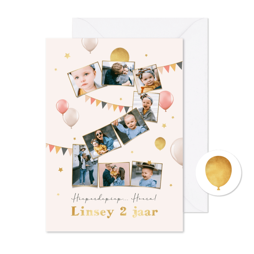 Uitnodiging 2 jaar fotocollage cijfer ballonnen foto's goud  - Kaartimpressie