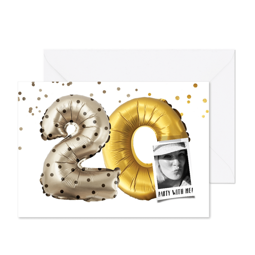 Uitnodiging 20 jaar ballonnen en confetti goud/zilver - Kaartimpressie