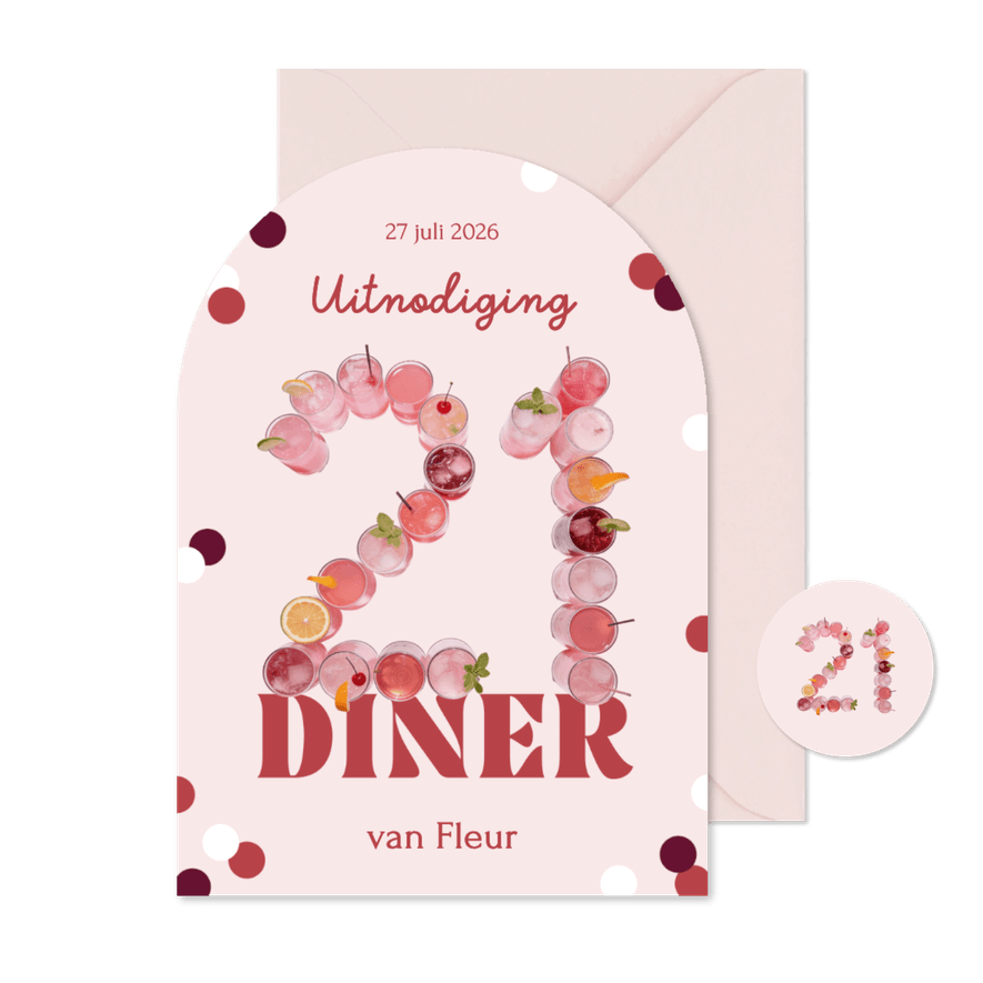 Uitnodiging 21 diner cijfers in roze cocktails met confetti - Kaartimpressie