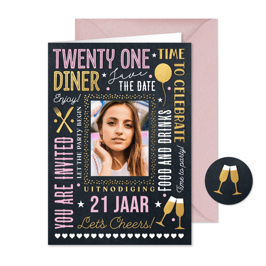 Uitnodiging 21 diner feestje etentje meisje - Kaartimpressie