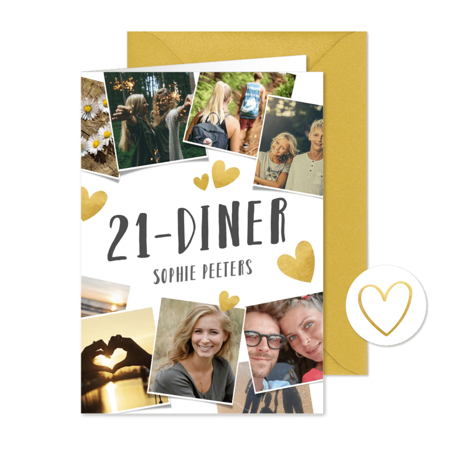 Uitnodiging 21-diner fotocollage met gouden hartjes - Kaartimpressie