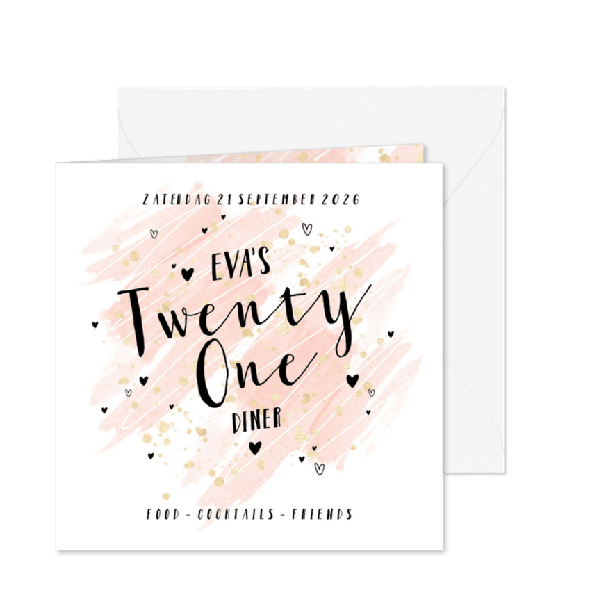 Uitnodiging 21 Diner goudlook hartjes waterverf - Kaartimpressie
