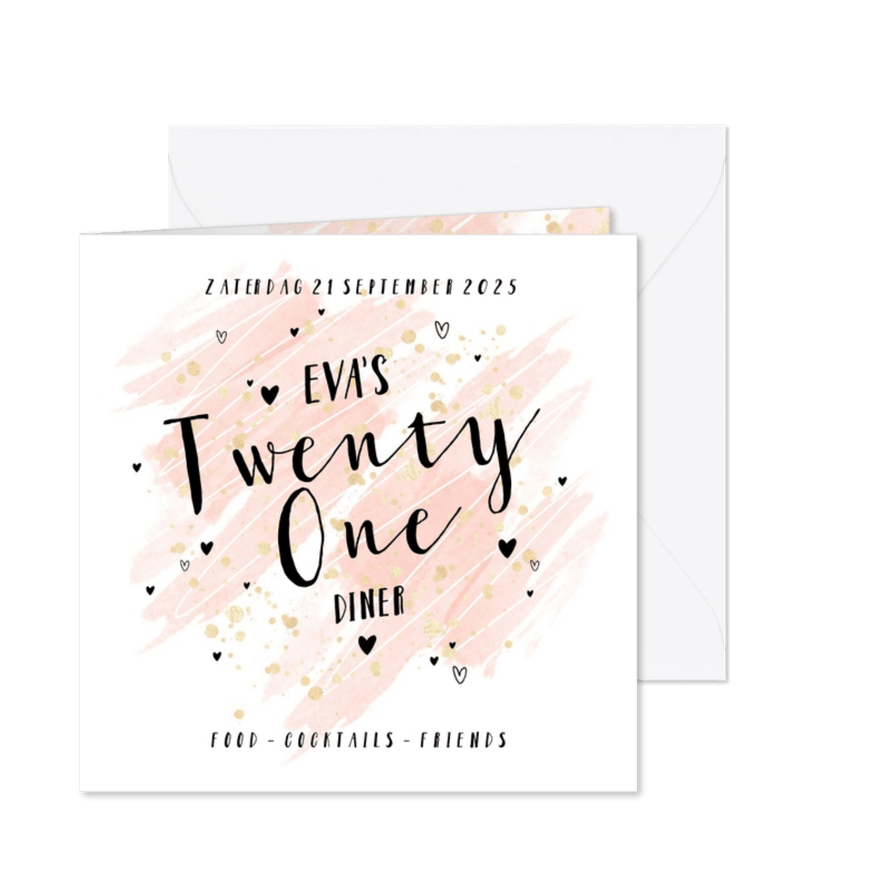 Uitnodiging 21 Diner goudlook hartjes waterverf - Kaartimpressie
