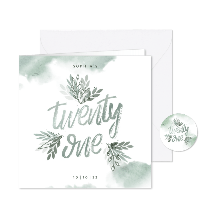 Uitnodiging 21 diner groen/blauw met blaadjes en waterverf - Kaartimpressie
