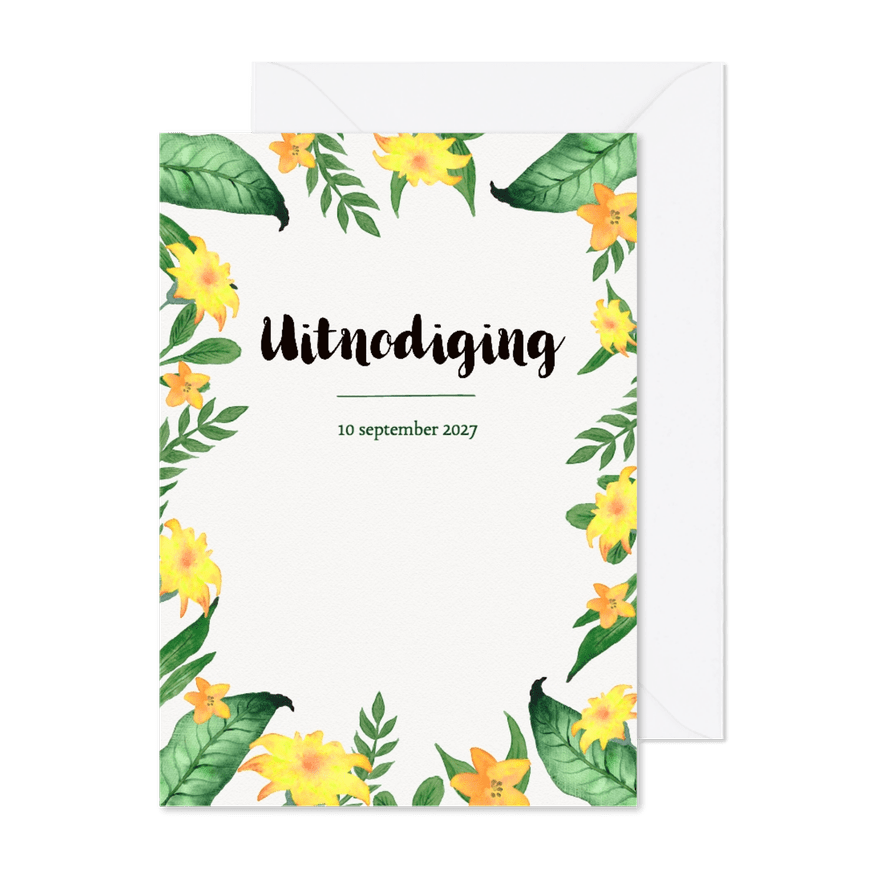 Uitnodiging 21 diner met bladeren en gele bloemen - BK - Kaartimpressie