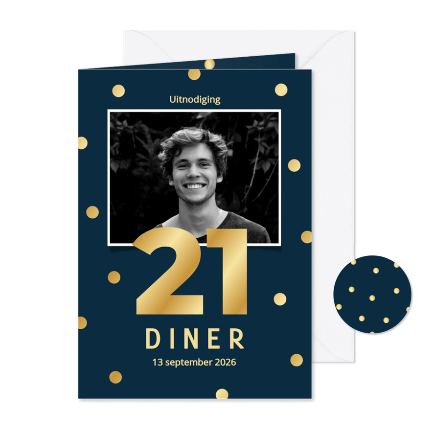  Uitnodiging 21-diner met donkerblauw gouden confetti - Kaartimpressie