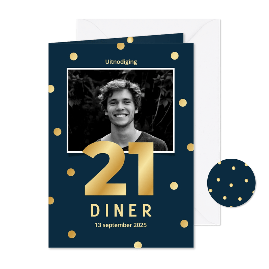 Uitnodiging 21-diner met donkerblauw gouden confetti - Kaartimpressie