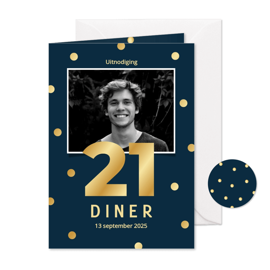  Uitnodiging 21-diner met donkerblauw gouden confetti - Kaartimpressie