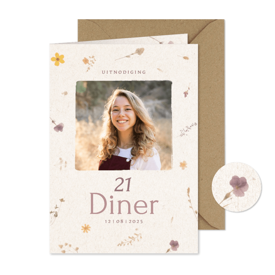 Uitnodiging 21 diner met foto en bloemetjes - Kaartimpressie