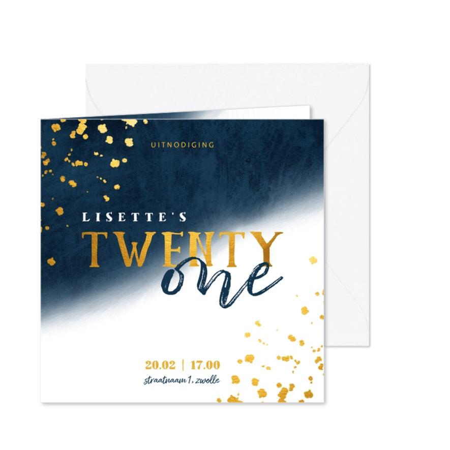 Uitnodiging 21 diner met gouden spetters en waterverf - Kaartimpressie