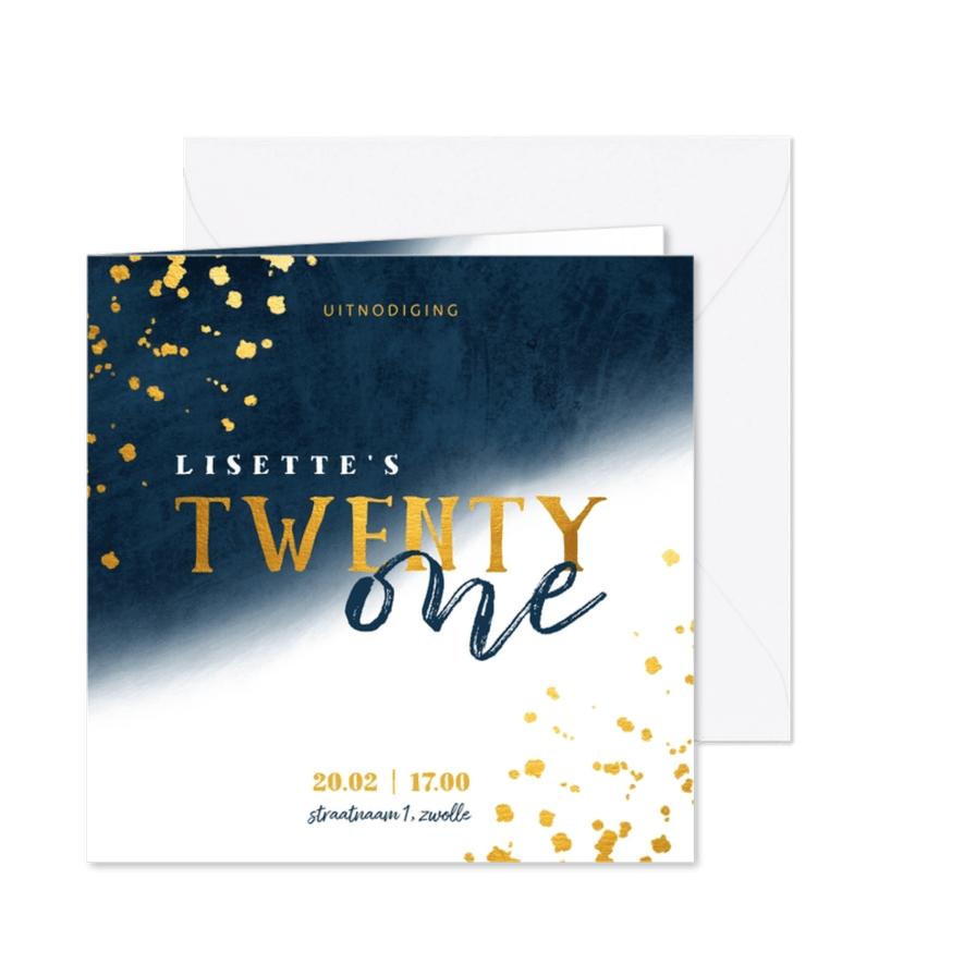 Uitnodiging 21 diner met gouden spetters en waterverf - Kaartimpressie