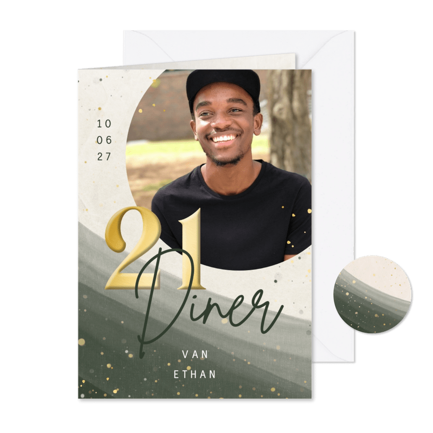 Uitnodiging 21-diner met groene waterverf en gouden details - Kaartimpressie