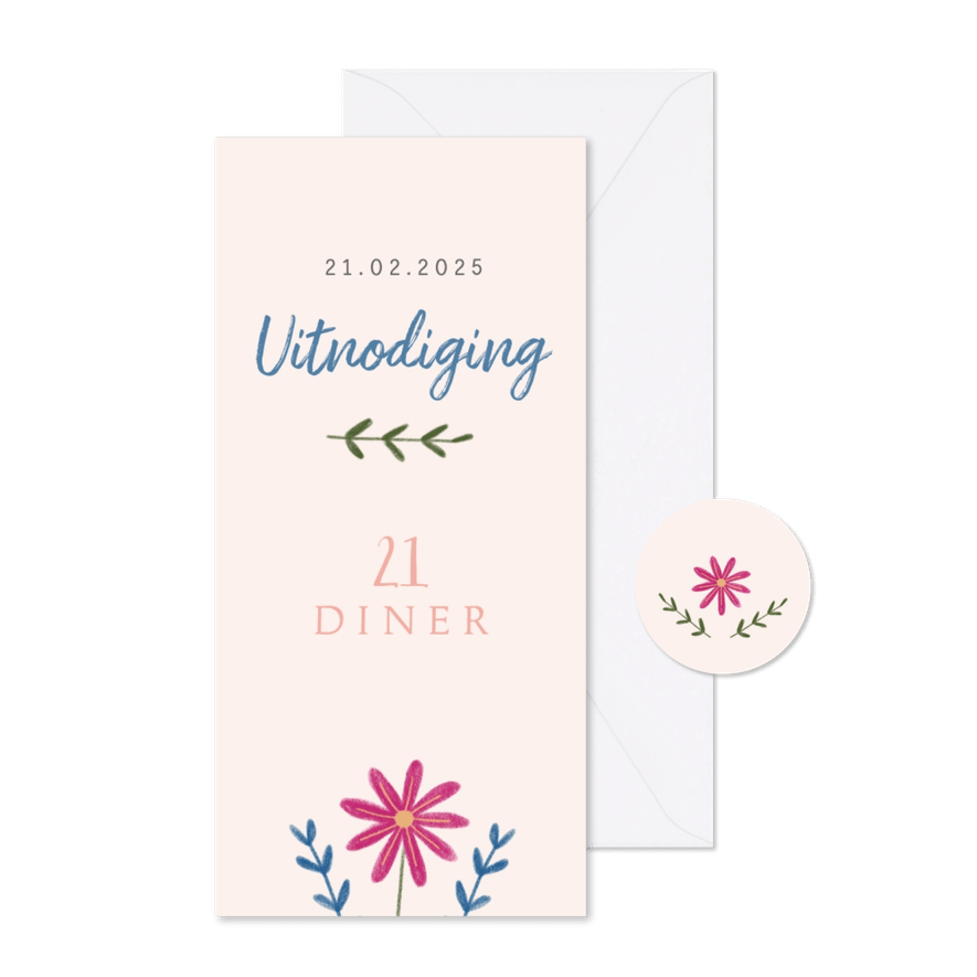 Uitnodiging 21 diner met paarse bloem - Kaartimpressie
