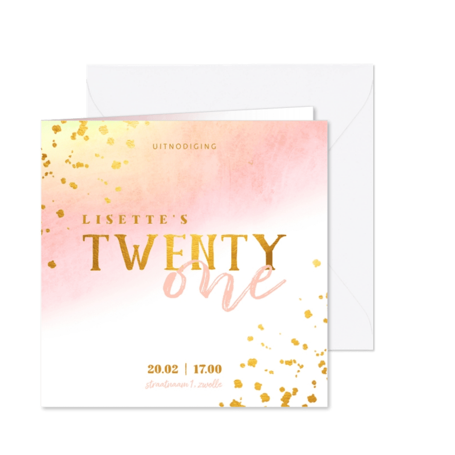 Uitnodiging 21 diner met waterverf en gouden spetters - Kaartimpressie