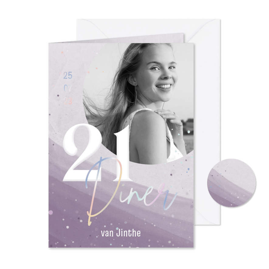 Uitnodiging 21-diner paarse waterverf en holografisch folie - Kaartimpressie