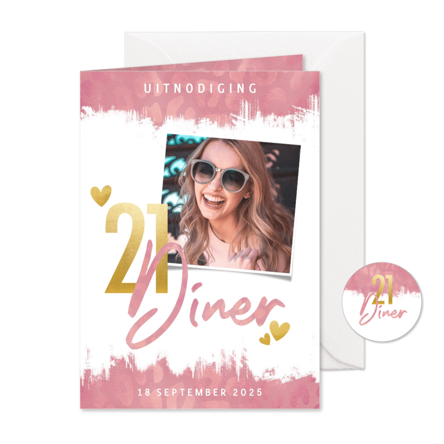 Uitnodiging 21 diner panterprint, verfstrepen en typografie - Kaartimpressie