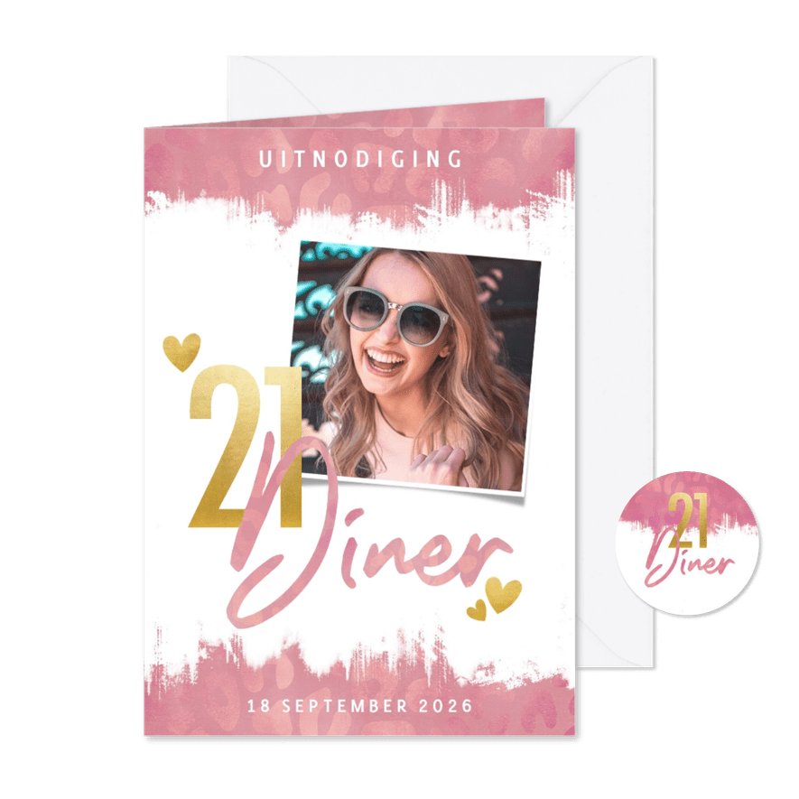 Uitnodiging 21 diner panterprint, verfstrepen en typografie - Kaartimpressie