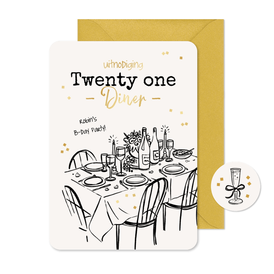 Uitnodiging 21 diner party etentje doodle illustratie goud - Kaartimpressie