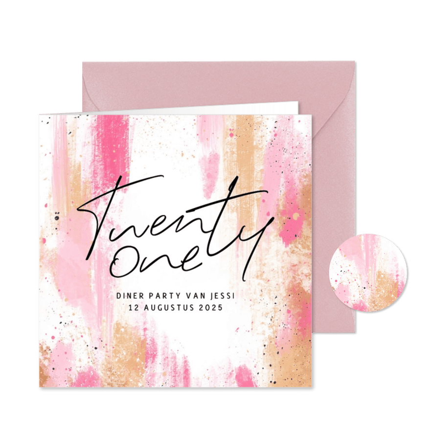 Uitnodiging 21 diner party kunst waterverf roze - Kaartimpressie