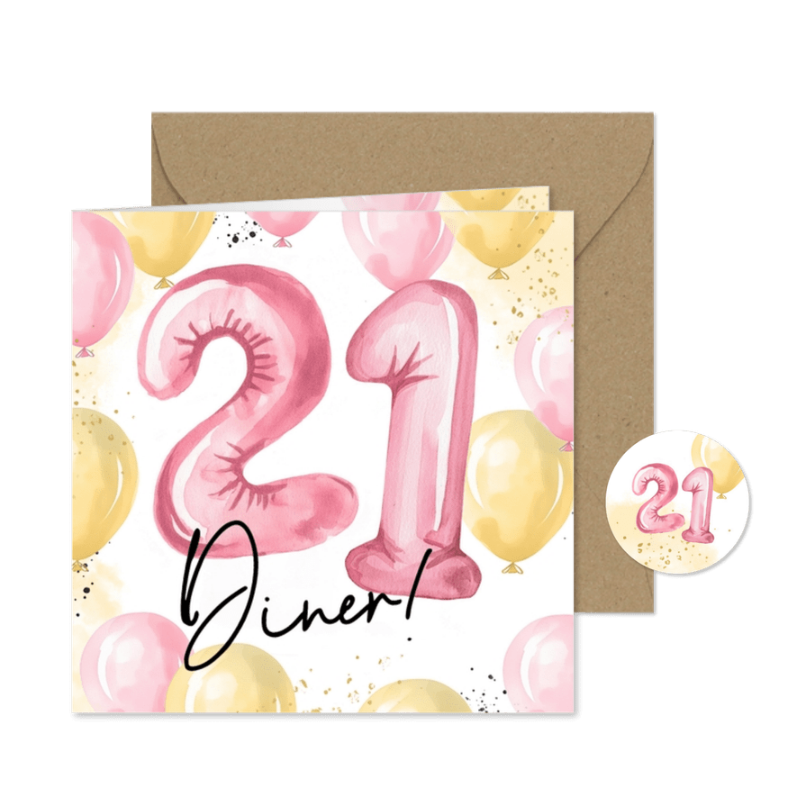 Uitnodiging 21 diner roze gouden ballonnen cijferballon - Kaartimpressie