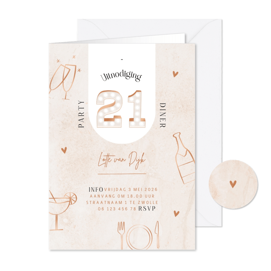 Uitnodiging 21 diner roze marmer lichtcijfers doodles koper - Kaartimpressie