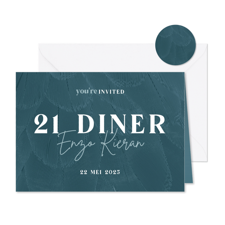 Uitnodiging 21 diner stijlvol blauw met veren - Kaartimpressie