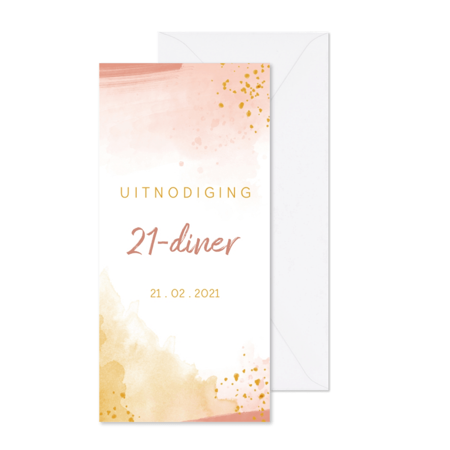 Uitnodiging 21 diner waterverf oker goud met roze - Kaartimpressie