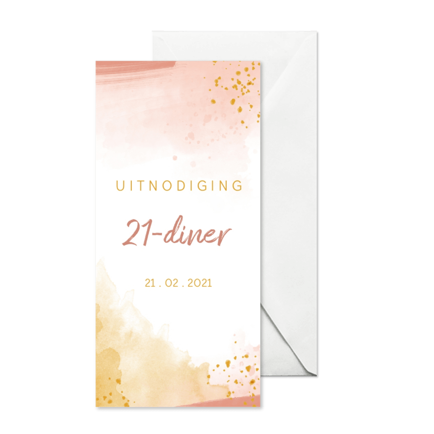 Uitnodiging 21 diner waterverf oker goud met roze - Kaartimpressie
