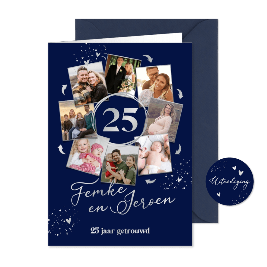 Uitnodiging 25 jaar getrouwd fotocollage in cirkel - Kaartimpressie