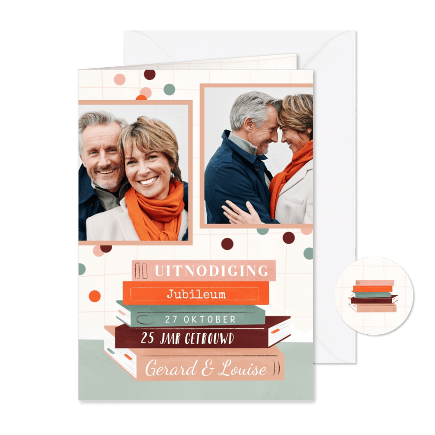 Uitnodiging 25 jaar getrouwd met boeken, confetti en foto's - Kaartimpressie