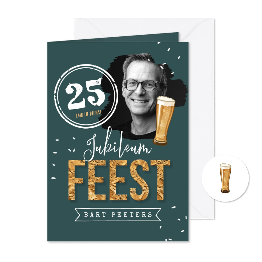 Uitnodiging 25 jaar in dienst foto confetti bier - Kaartimpressie
