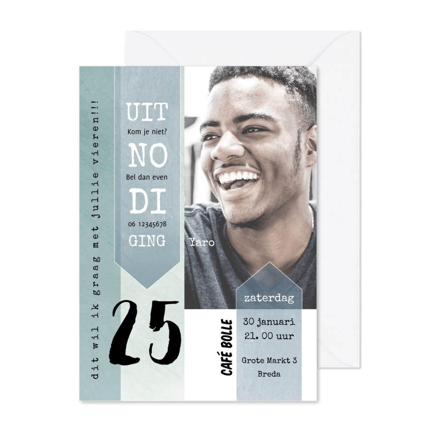 Uitnodiging 25ste verjaardag vakken en foto - Kaartimpressie