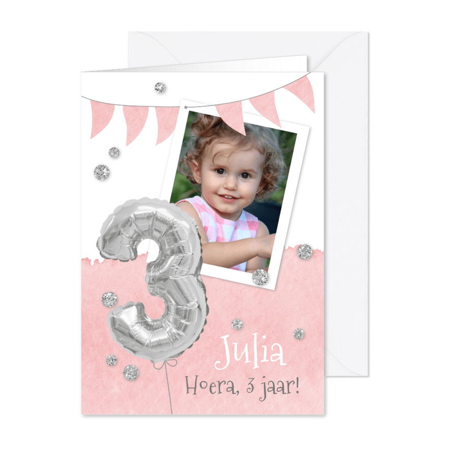 Uitnodiging 3 jaar eigen foto en folieballon - Kaartimpressie