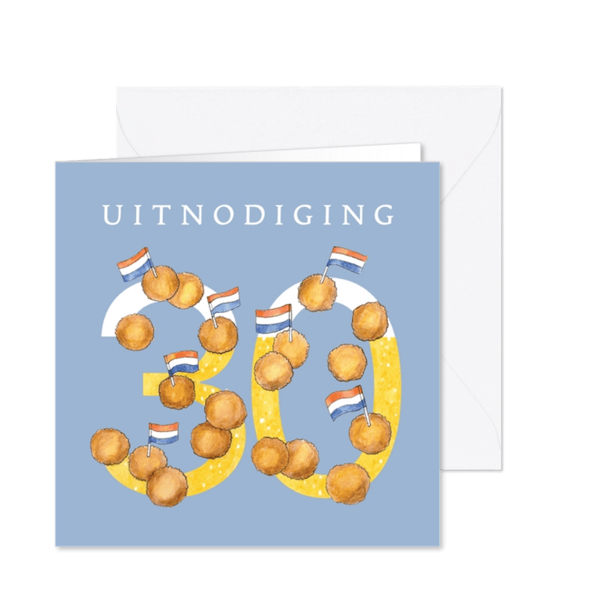 Uitnodiging 30 jaar met illustratie bitterballen en bier - Kaartimpressie