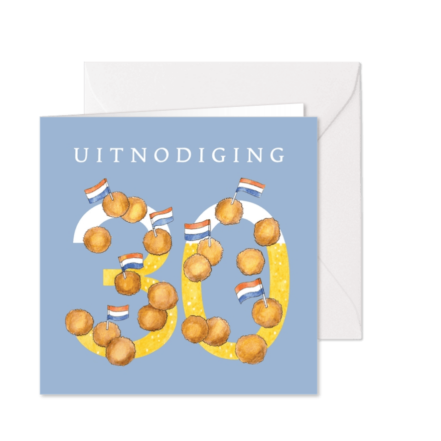 Uitnodiging 30 jaar met illustratie bitterballen en bier - Kaartimpressie