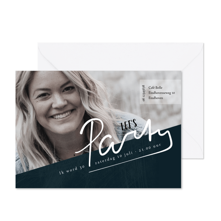 Uitnodiging 30ste verjaardag, let's party (geschreven) - Kaartimpressie