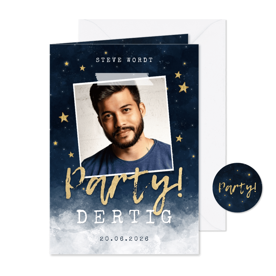 Uitnodiging 30ste verjaardagsfeest sterren, heelal en foto - Kaartimpressie