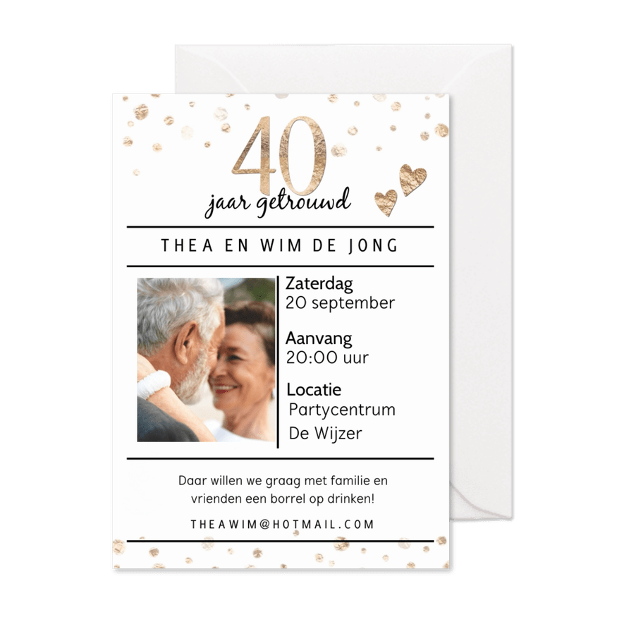 Uitnodiging 40 confetti goud look footo - Kaartimpressie